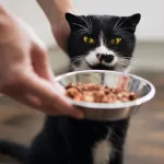 hand offering food bowl to black cat